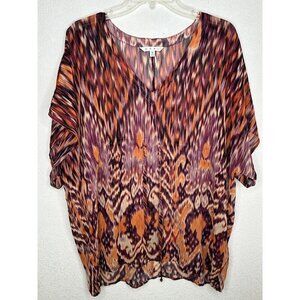 Cabi Kimono Top Medium Orange Purple Geometric Boho Sheer Tie Waist Cover Up